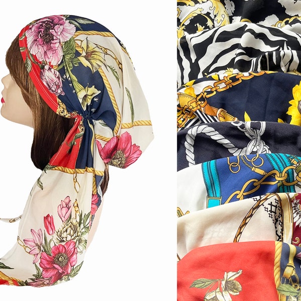 Luxurious floral, and varied geometric prints long pre-tied head scarfs. Smooth and comfortable. Hair scarf for women.  Head cover. Tichel.