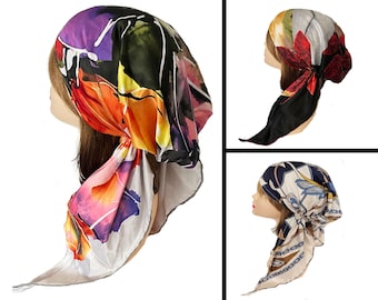 Silky feel soft hair scarf. Vibrant colors, abstract, floral fashionable women scarfs. Alopecia. Chemo hair scarf.  Tichel head cover.