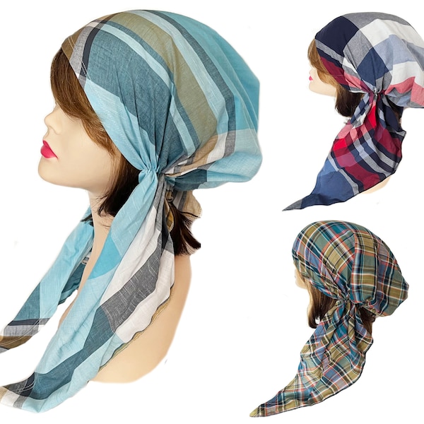 Long plaid cotton pre-tied multicolor head wrap. Tichel head cover. Nurse head wear. Colorful bandana. Chemo hair cover. Hair loss cover.