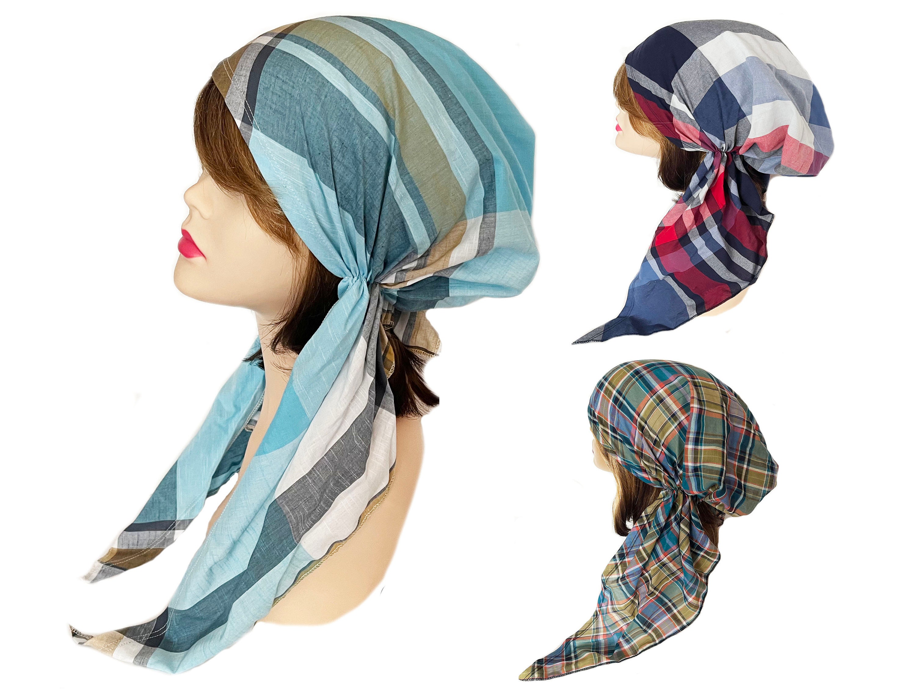 Lange geruite katoenen voorgestrikte veelkleurige hoofddoek. Kopftuche hoofddeksel. Verpleegkundige hoofddoek Chemo haarovertrek. Dekking tegen haaruitval.