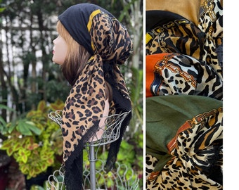 Pañuelo para la cabeza con flecos de gasa con estampado animal de doble capa de cola larga, pañuelo para la cabeza, pañuelo preatado, cubierta para el cabello, gorro de quimio, pañuelo para pérdida de audición