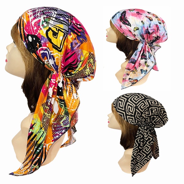 Ultraweiches Hamsa-Kopftuch mit vorgebundener geometrischer Kopfbedeckung, Tiermotiv, Krebs-Haarausfall-Mütze, Graffiti-Chemo-Kopfbedeckung, Kopfbedeckung für Krankenschwestern und Ärzte