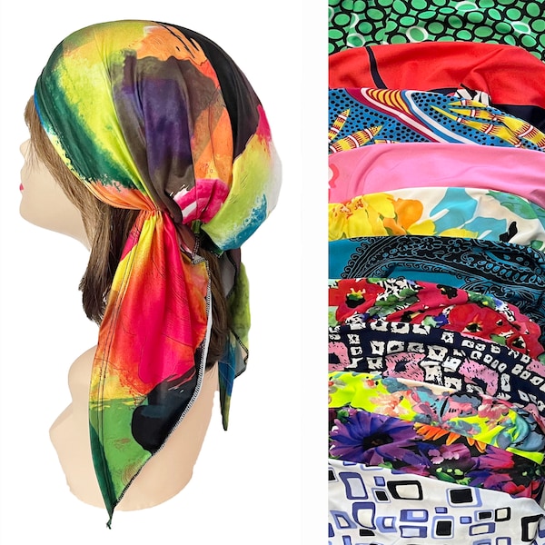 African-inspired pre-tied headscarves. Geometric patterns, kaleidoscope colors. Tichel. Nurse headwear. Head Scarfs for Cancer Patients