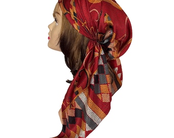 Soft luxurious silky pre-tied hair scarf red head scarf head wear cap orange stylish head wrap for women Chemo Cancer Patients hair loss