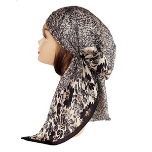 Soft luxurious silky pre-tied hair scarf beige black head wear cap stylish head wrap for women Chemo Cancer Patients hair loss.