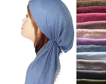 Super soft gauze lightweight headscarf, fringed crinkle hair covering, solid colors head wrap, summer pre-tied bandana, hair loss turban