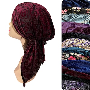 Velvet burnout mesh head scarf. Elegantly embroidered, pleated design, brightly patterned, testament to unique style. Hair scarf. Tichel.