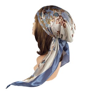 Soft luxurious silky pre-tied hair scarf blue beige Floral head wear cap stylish head wrap for women Chemo Cancer Patients hair loss.