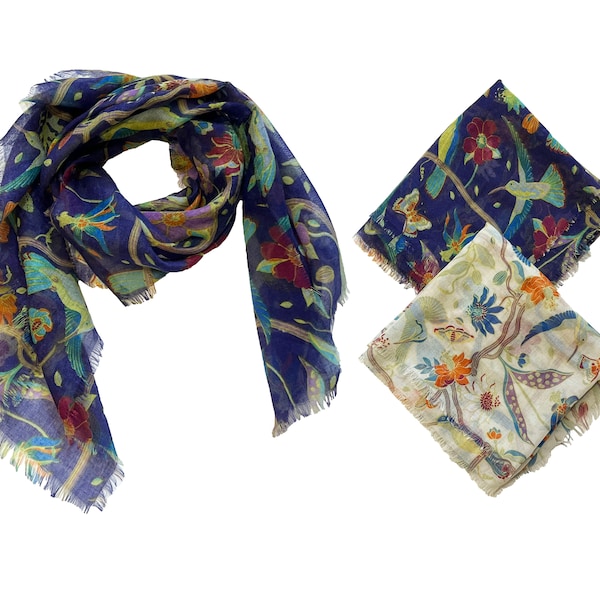 Spring Gauze Birds and Flowers Head Scarf Square Scarves Super Light Weight Neck Scarf Bandana