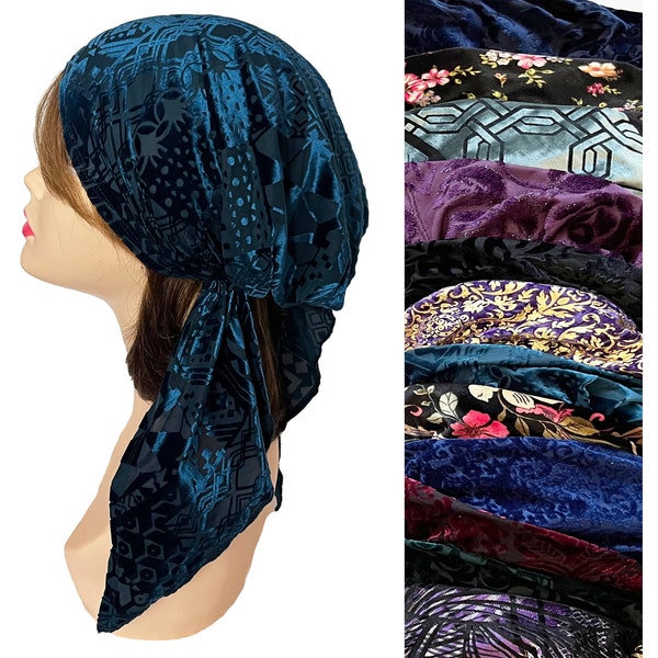 Velvet burnout mesh head scarf. Elegantly embroidered, pleated design, brightly patterned, testament to unique style. Hair scarf. Tichel.