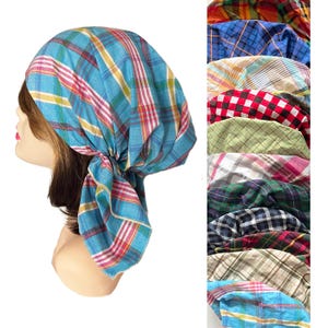 Plaid pre tied cotton bandana head scarf head wrap head cover  copftuch  chemo cap doctors nurses