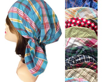 Plaid pre tied cotton bandana head scarf head wrap head cover  copftuch  chemo cap doctors nurses