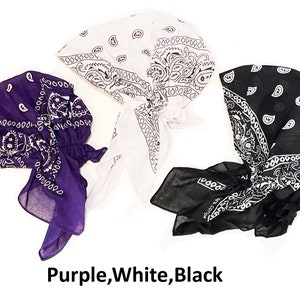 Lot de 3 foulards bandana en coton pré-noué cache-cheveux cachemire en coton bonnet de chimio Purple,White,Black