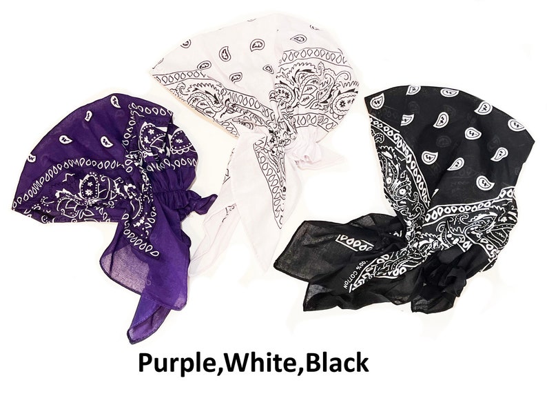 Lot de 3 foulards bandana en coton pré-noué cache-cheveux cachemire en coton bonnet de chimio Purple,White,Black