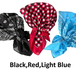 Lot de 3 foulards bandana en coton pré-noué cache-cheveux cachemire en coton bonnet de chimio Black,Red,Light Blue