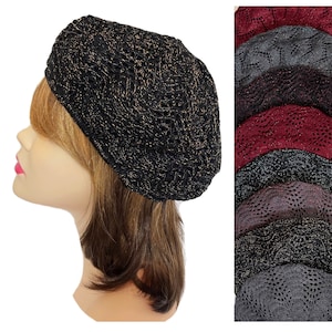 Elegant lurex knit beret for woman, light weight and adjustable. Chic fashion accessory for women. Cancer Chemo Patients.