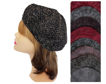 Elegant lurex knit beret for woman, light weight and adjustable. Chic fashion accessory for women. Cancer Chemo Patients.