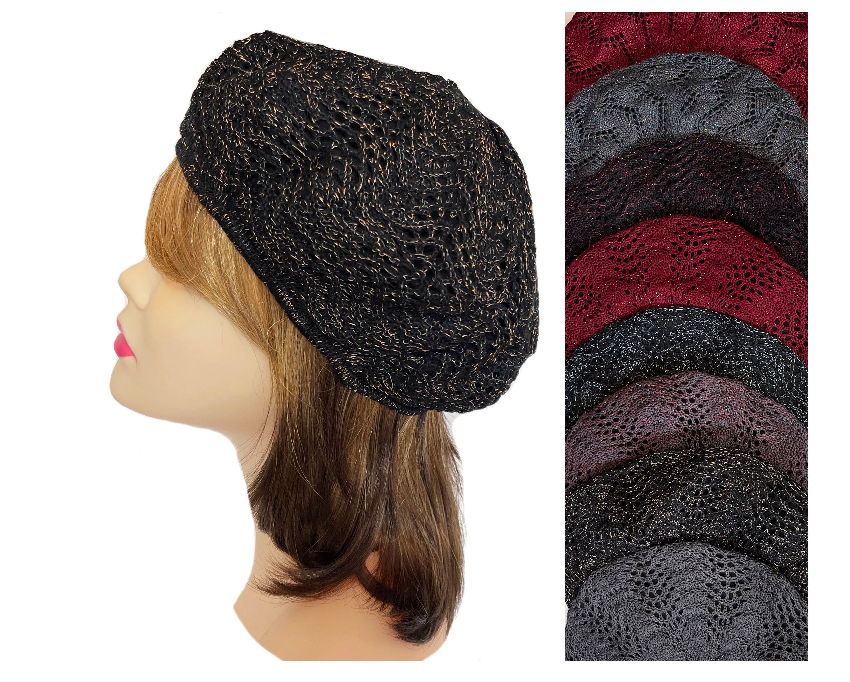 Elegant lurex knit beret for woman, light weight and adjustable. Chic fashion accessory for women. Cancer Chemo Patients.