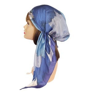 Soft luxurious silky pre-tied hair scarf blue head wear cap stylish head wrap for women Chemo Cancer Patients hair loss.