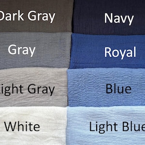 Op de afbeelding: Een raster van acht stoffen stalen met een gekreukte textuur. De linkerkolom toont Dark Gray, Gray, Light Gray en White. De rechterkolom toont Navy, Royal, Blue en Light Blue. Elke kleur is gelabeld met de bijbehorende tekstnaam.