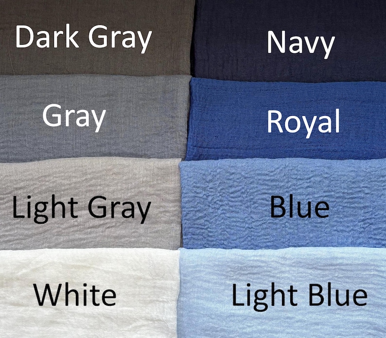 Op de afbeelding: Een raster van acht stoffen stalen met een gekreukte textuur. De linkerkolom toont Dark Gray, Gray, Light Gray en White. De rechterkolom toont Navy, Royal, Blue en Light Blue. Elke kleur is gelabeld met de bijbehorende tekstnaam.