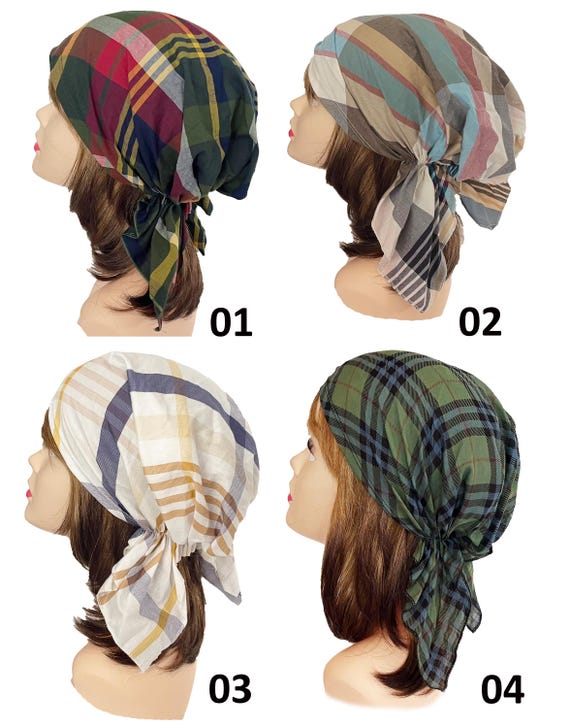 Vintage Handmade Madras Plaid Head Scarf / bandanna Style Tie Cap 845851093456_1.jpg main image 4