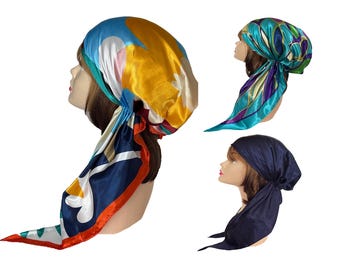 Soft silky pre-tied head scarf. Luxuriously, artistic, glossy, dynamic prints. Tichel head covering. Alopecia. Head covers cancer patients.