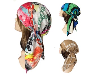 Stretch soft head scarf. Vibrant and abstract, easy-to-wear hair accessory| Chemo Head Cover Cap headscarves. Tichel Head Coverings. Nurses.