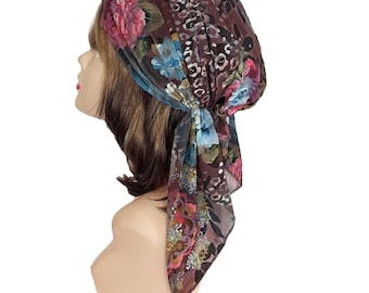 Velvet Burnout Head Scarf, Embroidered Mesh Tichel, USA Made