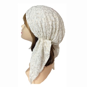 Lined stretch Lace pre tied head cover headscarf tichel head scarf turban
