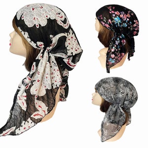 Elegant white lace headscarves, with floral details, sheer and chic. Stylish pre-tied perfect for delicate and comfortable styling.