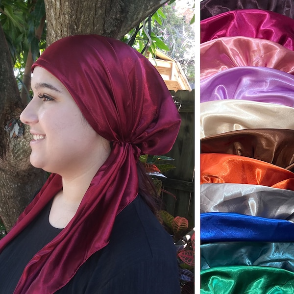 Solid silky feel pre tied fitted head scarf cancer chemo cap turban hair loss headcover head wrap headwear