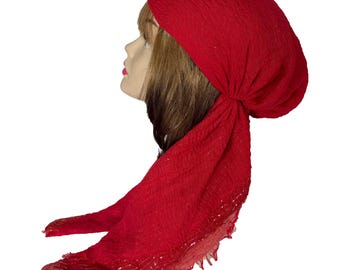 Red Crinkle Head Scarf, Lined Head Covering, Pre-Tied Hair Wrap