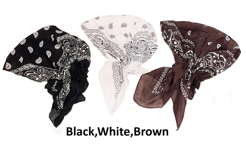 Lot de 3 foulards bandana en coton pré-noué cache-cheveux cachemire en coton bonnet de chimio Black,White,Brown