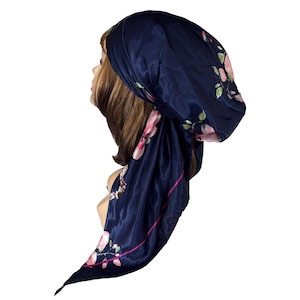 Soft luxurious silky pre-tied hair scarf blue pink floral head wear cap stylish head wrap for women Chemo Cancer Patients hair loss.