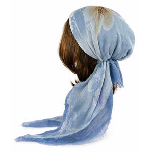 Foulard double épaisseur blanc et bleu, couvre-chef, bandeau, bonnet de chimiothérapie, bonnet pré-noué