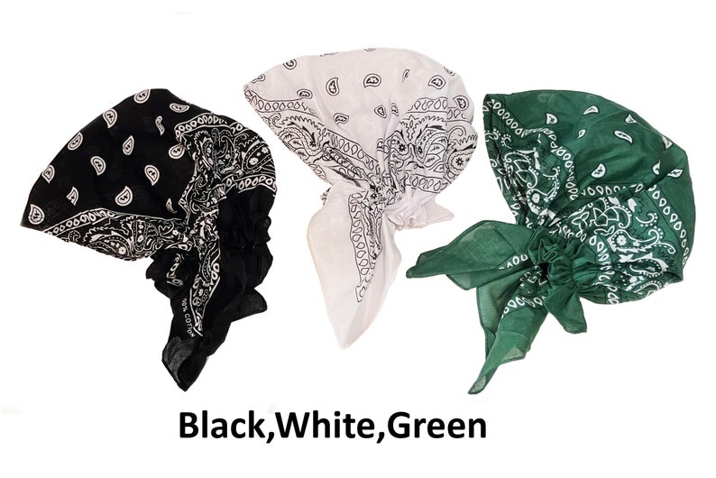Lot de 3 foulards bandana en coton pré-noué cache-cheveux cachemire en coton bonnet de chimio Black,White,Green