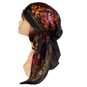 Soft luxurious silky pre-tied hair scarf black head wear cap stylish head wrap for women Chemo Cancer Patients hair loss.