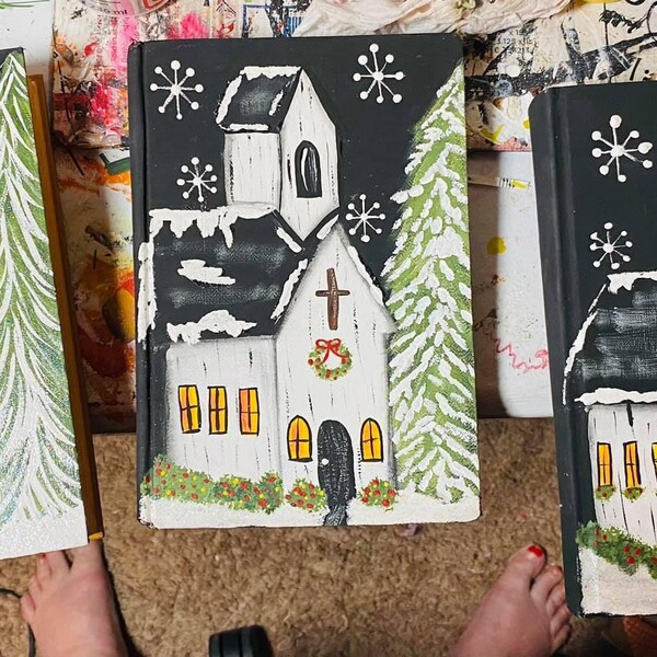 Winter Church Painting, Hymnal Book, song book, church with snow, snowflakes, glitter snow. red door, black door,