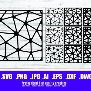 May include: A set of nine black and white geometric designs. The designs are made up of a series of interconnected lines that create a web-like pattern. The designs are perfect for use in crafting projects, such as laser cutting, vinyl cutting, and scrapbooking.