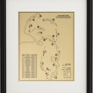 May include: A vintage-style map of the Crosswater golf course at Sunriver Resort in Oregon. The map shows the layout of the 18 holes, with numbers indicating each hole and the par for each hole. The map also includes the architect's name, Bob Cupp, and the year the course was designed, 1995. The total length of the course is 7,683 yards.
