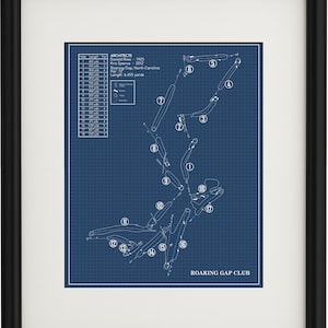 May include: A blueprint style diagram of a golf course layout. The course is called Roaring Gap Club and was designed by Donald Ross in 1925 and Kris Spence in 2012. The diagram shows the layout of the 18 holes and the yardage for each hole.