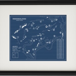 May include: A blueprint style map of the Whispering Pines Golf Club. The map shows the layout of the 18-hole golf course with the par and yardage for each hole listed in a table on the right side of the map. The architects are listed as Chet Williams and Bill O'Leary.