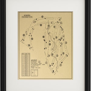 May include: A black and white illustration of a golf course layout. The Scioto Country Club course map shows the 18 holes with their yardage and par. The course was designed by Donald Ross, Dick Wilson, Jack Nicklaus, and Dr. Michael Hurdzan. The course is located in Columbus, Ohio.