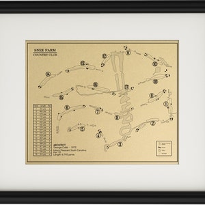 May include: A black and white illustration of a golf course layout with the name "Snee Farm Country Club" at the top. The course is numbered 1 through 18. The architect is listed as George Cobb, 1972, Mount Pleasant, South Carolina. The par is 72 and the length is 6,795 yards.