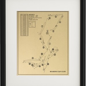 May include: A black and white line drawing of a golf course layout. The course is called Roaring Gap Club and was designed by Donald Ross in 1925. The course is 6,455 yards long and has 18 holes.