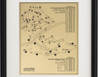 May include: A vintage style map of the Lancaster Country Club golf course in Pennsylvania. The map shows the layout of the 18-hole Flynn Course designed by William S. Flynn in 1919 and the 9-hole Highlands Course designed by Brian Silva in 1990. The map includes the par and yardage for each hole.