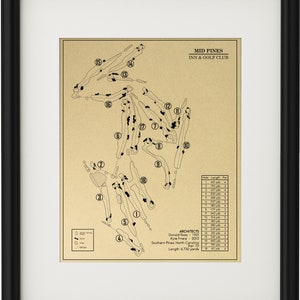 May include: A black and white illustration of a golf course layout with numbered holes. The course is called Mid Pines Inn & Golf Club. The architects are Donald Ross and Kyle Franz. The course is located in Southern Pines, North Carolina. The par is 72 and the length is 6,732 yards.