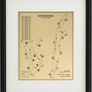 May include: A vintage-style map of the Marine Memorial Golf Course in Camp Pendleton, California. The map shows the layout of the 18-hole course, with each hole numbered and the par for each hole listed. The map also includes the architect's name, William P. Bell, and the year the course was built, 1948.