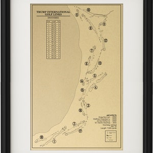May include: A black and white map of the Trump International Golf Links Doonbeg in Ireland. The map shows the layout of the 18-hole golf course with the holes numbered 1 through 18. The map also includes the names of the architects who designed the course: Greg Norman, Matthew Dusenberry, James McKenna, and Dr. Martin Hawtree. The map also includes the length of the course: 7,026 yards.